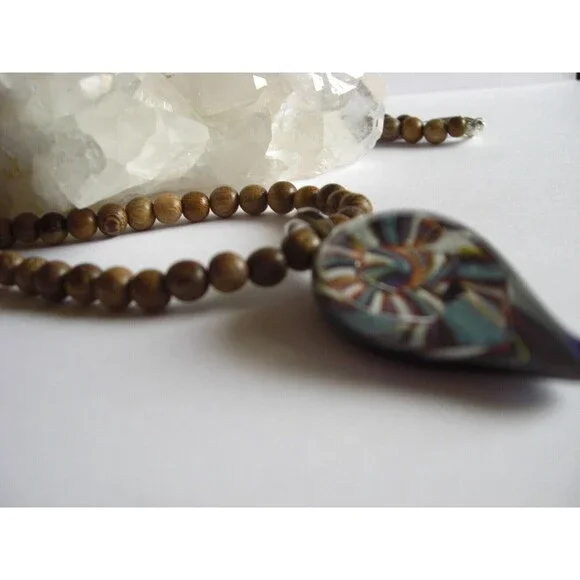 Handblown Glass Pendant On 20” Wooden Bead Necklace Boho Style Artisan Made 2008 - Picture 14 of 16